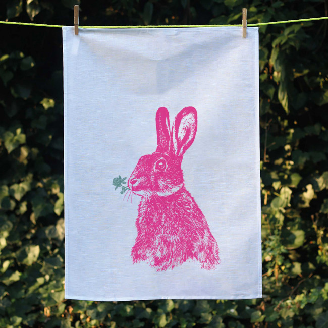 Frohstoff Geschirrtuch Hase mit Kleeblatt neonpink